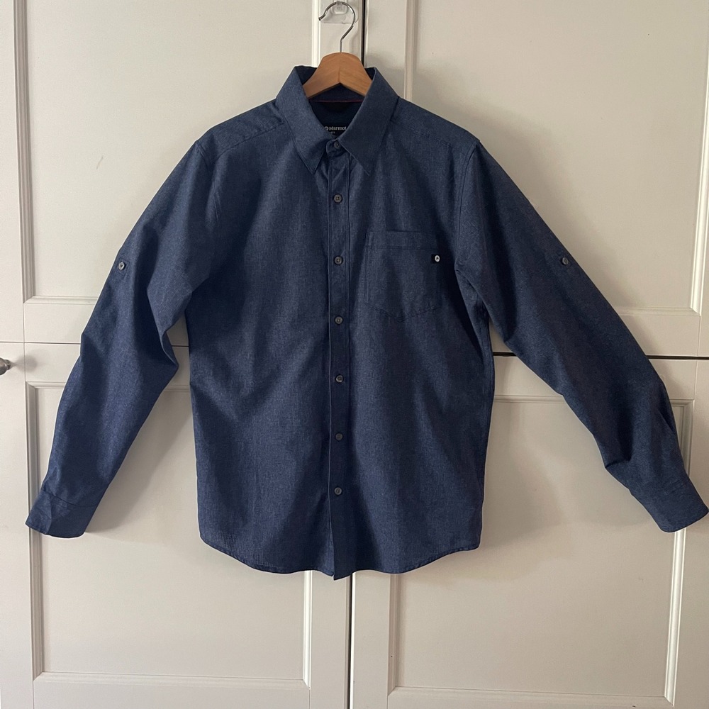 Marmot Aerobora Mens Small Blue Long Sleeve Button Down Hiking Shirt 42110